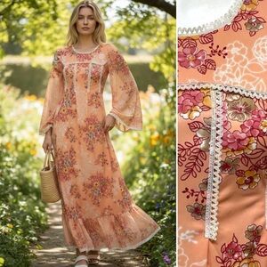 Vintage 70s Peach Floral Lace Trim Maxi Dress Goddess Cottage Core Gown XS S 2 4